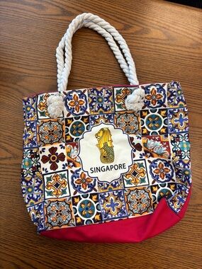 Singapore Tile-Print Tote Bag with Rope Handles - Red Accents Souvenir